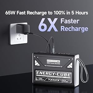 Full Recharge in 5 Hours Support 65W Type-C1 Input 5 Hours Fast Recharge This Z70Pro Energy Cube battery bank support 65W USB C1 port fast recharging Note: 1. To achieve fast recharge, please use the 65W type-c to type-c cable (included) and 65W wall charger(not included)