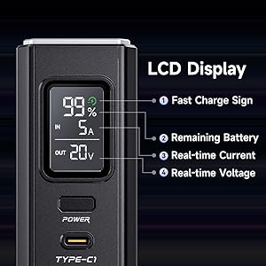 Smart LED Digital Display Remain Power Fast Charge Sign( shows when the device power is less than 80%) Real-time Current Real-time Voltage This portable power bank has LED indicator, it presents available battery percentage exactly. You will know when this outdoor power bank needs be charged. When the mobile device supports the fast charging function, the battery display will display a green lightning symbol beside the power readout to indicate that it has entered the fast charging mode. ‎Tips: There is a protective sticker on the front of the LCD remaining display , please peel off the protective sticker before use.